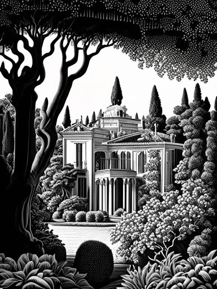 Villa Medici, 1, Italy Linocut Black And White Vintage