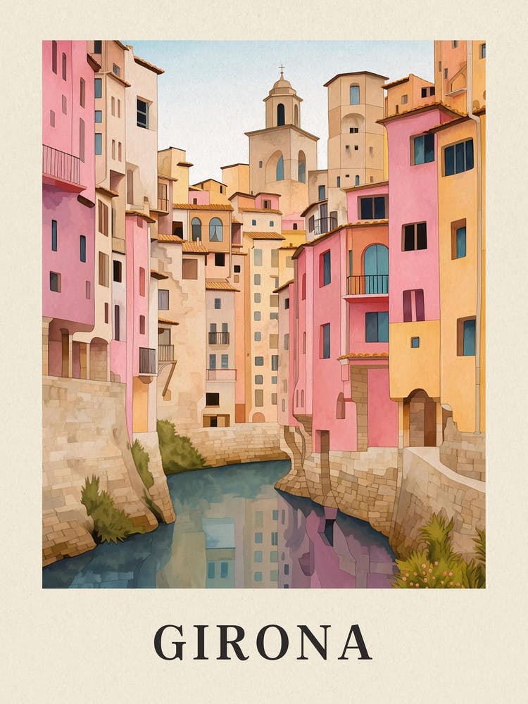 Girona Spain 2 Vintage Pink Travel Illustration Poster