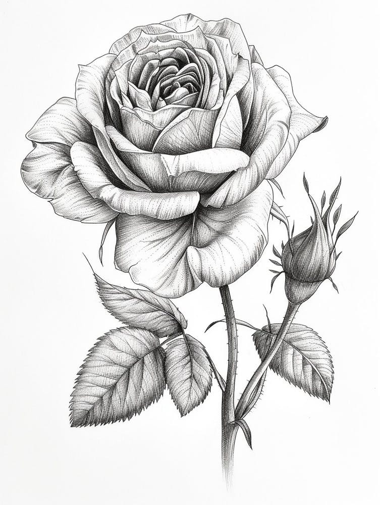 English Rose Black And White Line Drawing 8