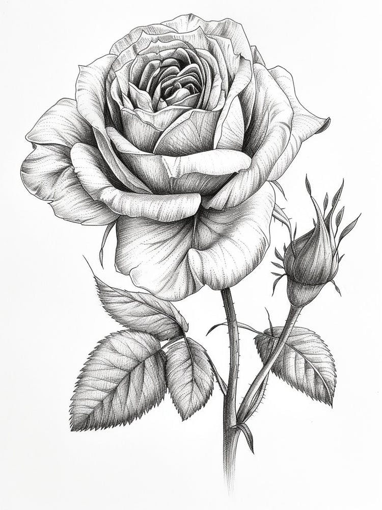 English Rose Black And White Line Drawing 8