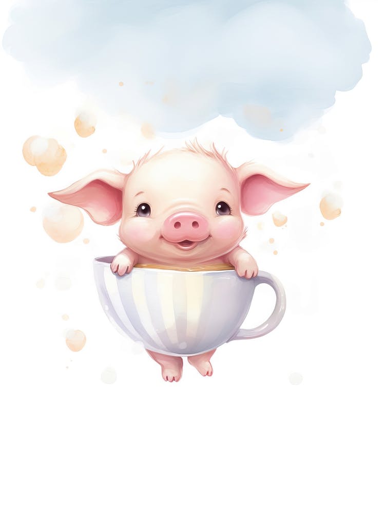Baby Tea Cup Pig Flying With Ballons, Watercolour Nursery Art 2