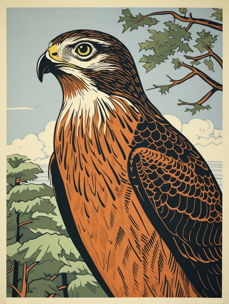 Linogravure d'oiseau vintage Faucon 4