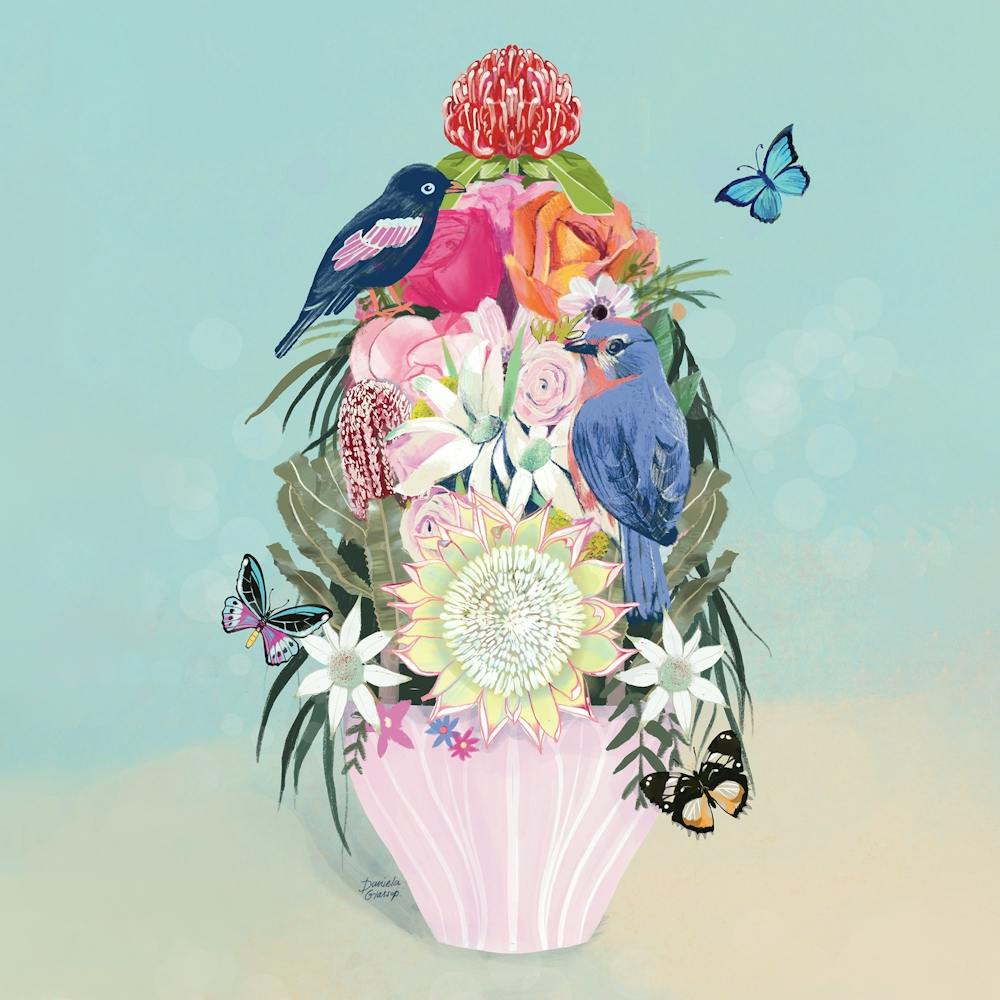 Flower And Bird Bouquet with Butterflies