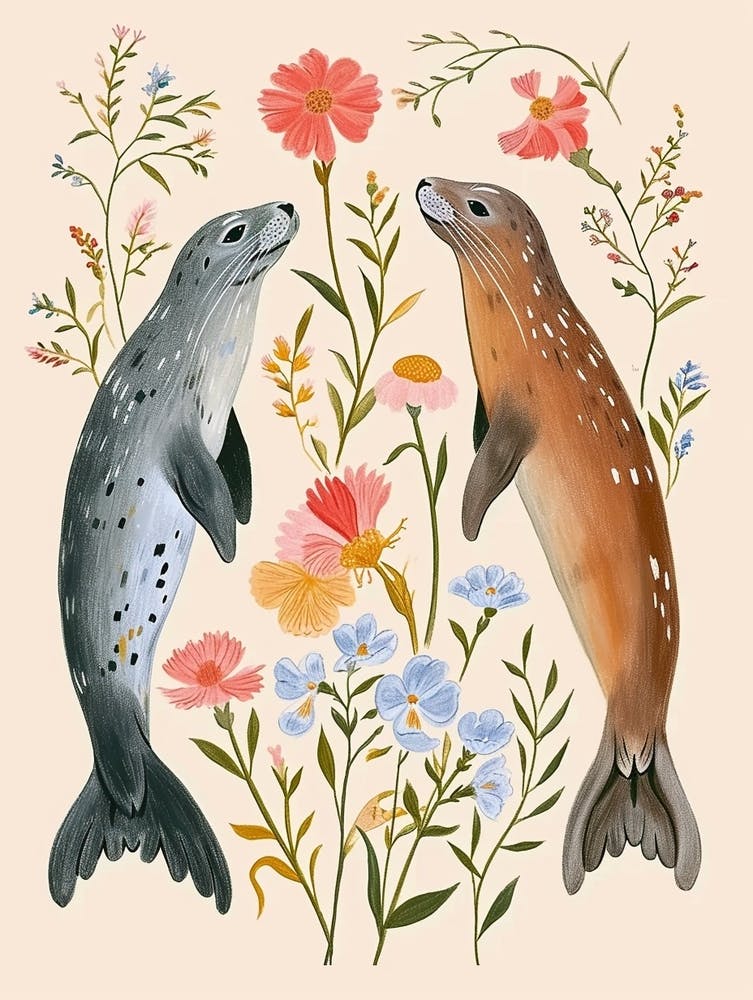 Folksy Floral Animal Drawing Harp Seal 2