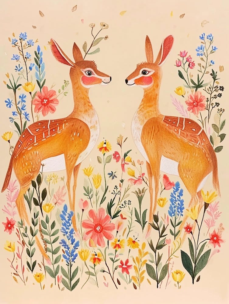 Folksy Floral Animal Drawing Deer 3