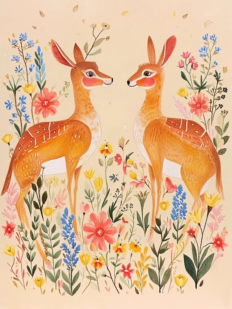Folksy Floral Animal Drawing Deer 3