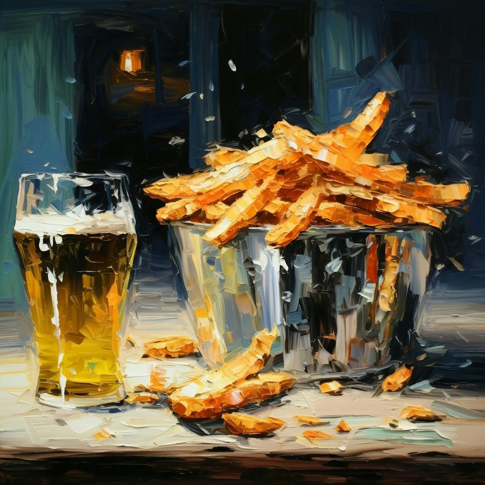 One Beer And French Fries Badge Hand Drawn Oil 0