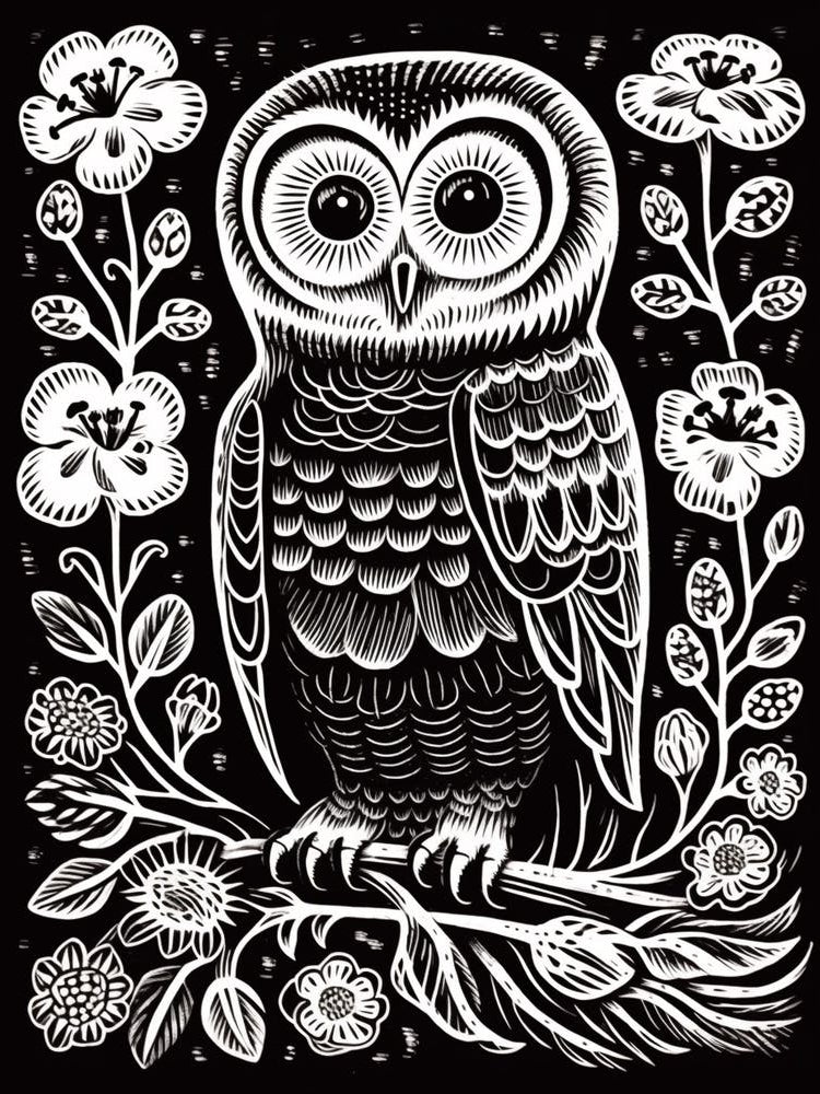 B&W Bird Linocut Owl 2