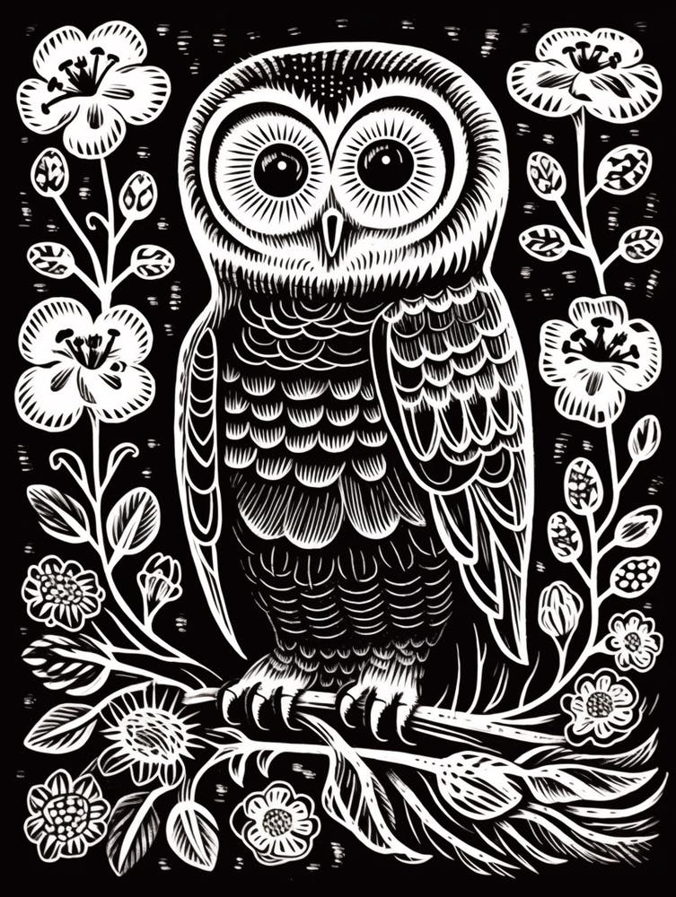 B&W Bird Linocut Owl 2