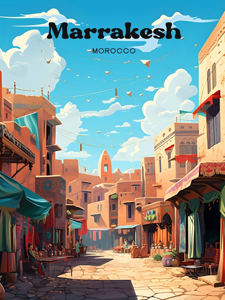 Marrakesh Morocco Market Travel Art Illustration
