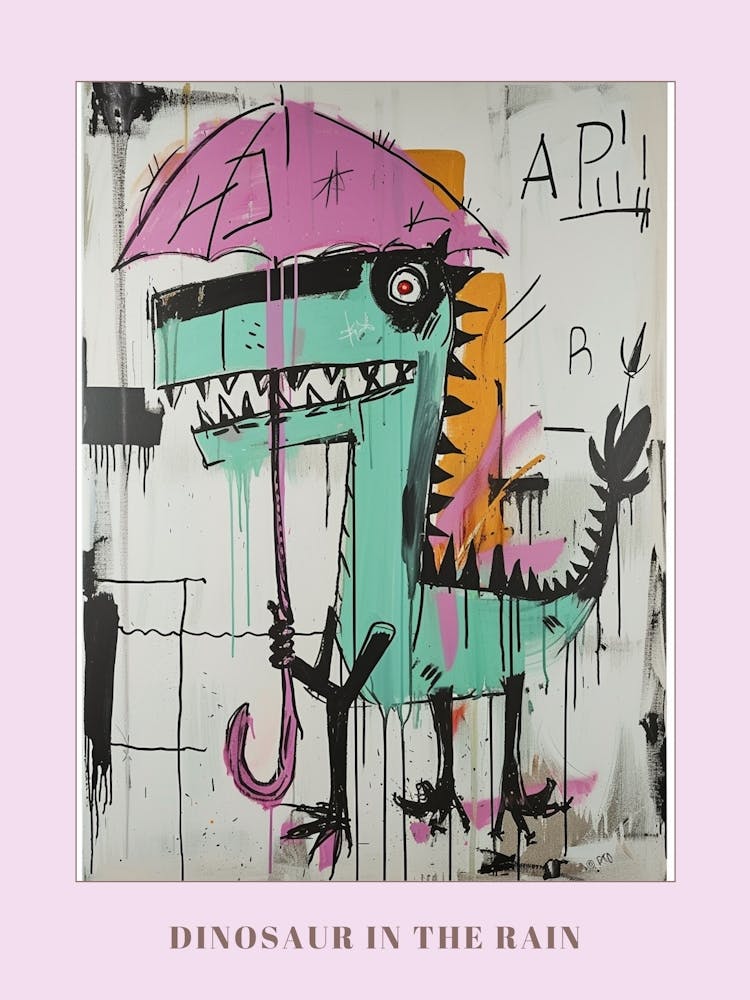 Dinosaur In The Rain Holding An Umbrella Teal Purple 1 Poster