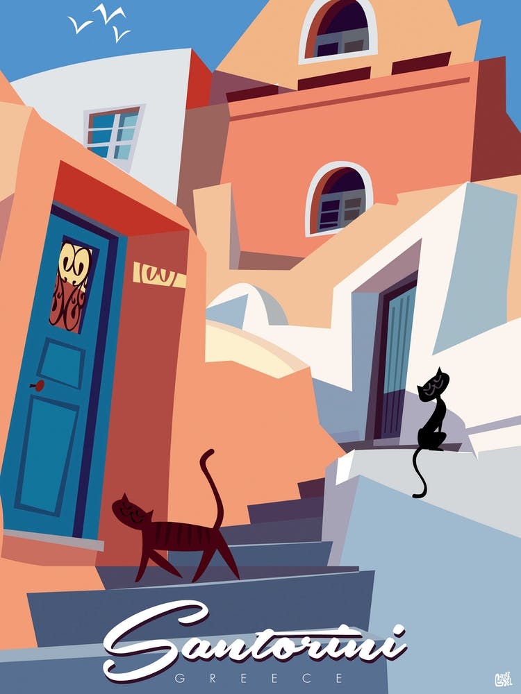 Santorini Greece Poster Orange & Grey