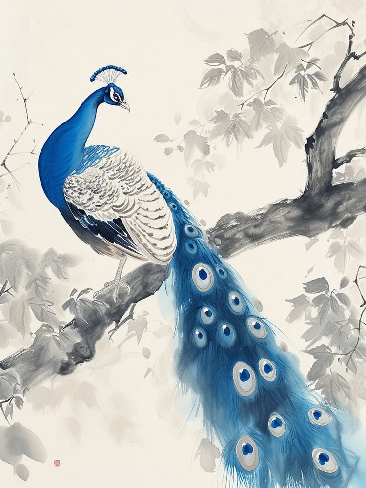 Watercolour Peacock On Tree Branch 3