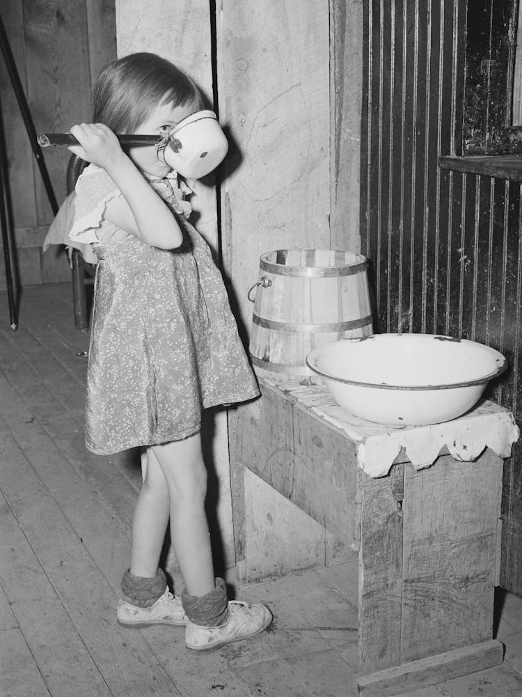 Josie, Daughter Of Faro Caudill, Drinking Water In Front Of Washstand, Pie Town, New Mexico By Russell Lee