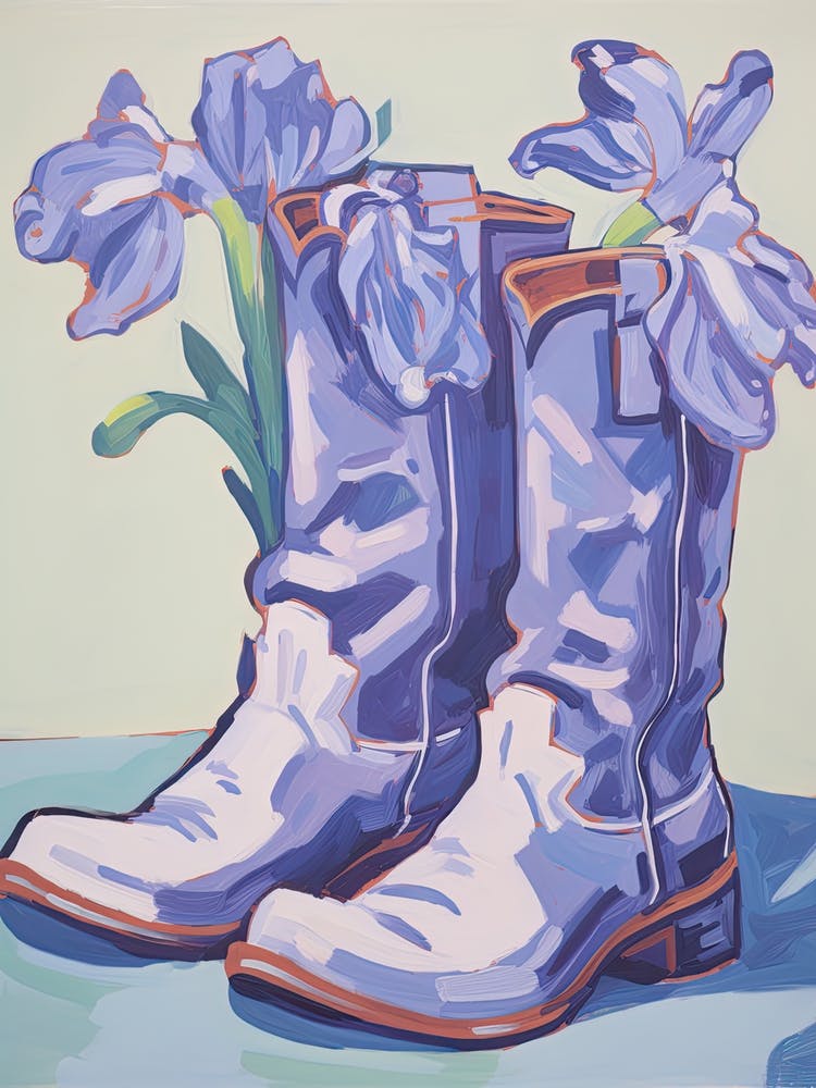 A Painting Of Cowboy Boots With Lilac Flowers, Fauvist Style, Still Life 3
