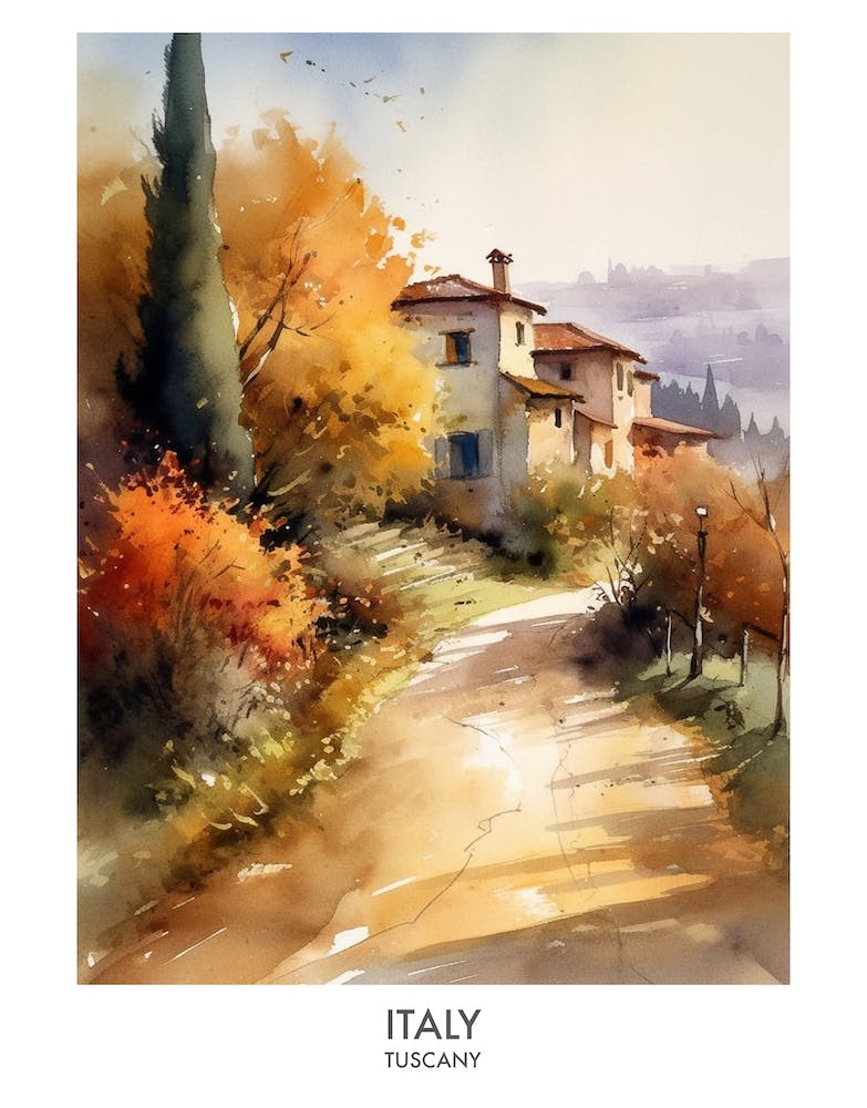Italy, Tuscany 4 Watercolor Travel Poster