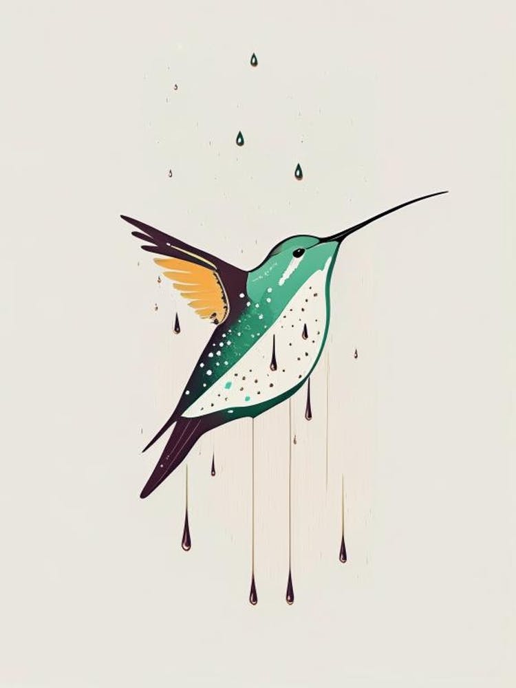 Hummingbird In Rain Retro Minimal