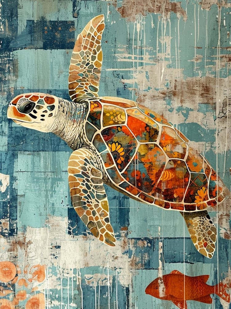 Sea Turtle Mixed Media Blue Collage