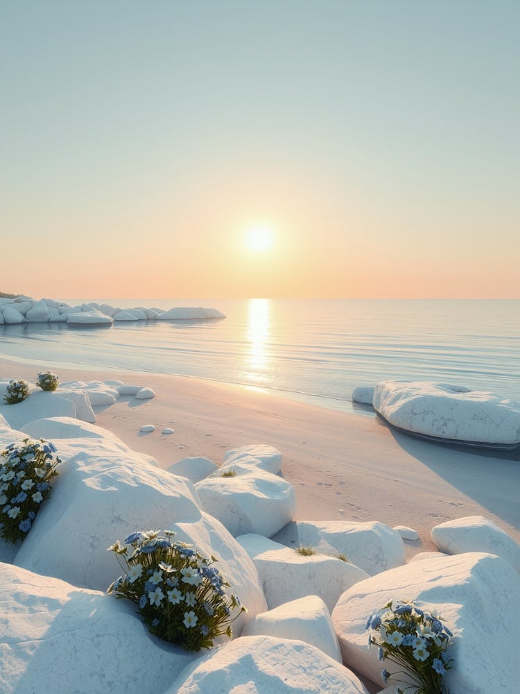 Snowy Beach With Flowers