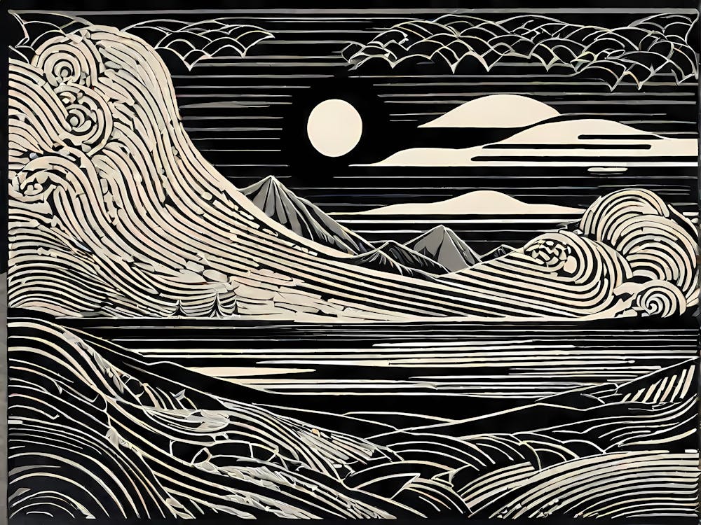 A Linocut Piece Featuring Fragmented And Ghostly Remnants Of Dreamy landscape, 124