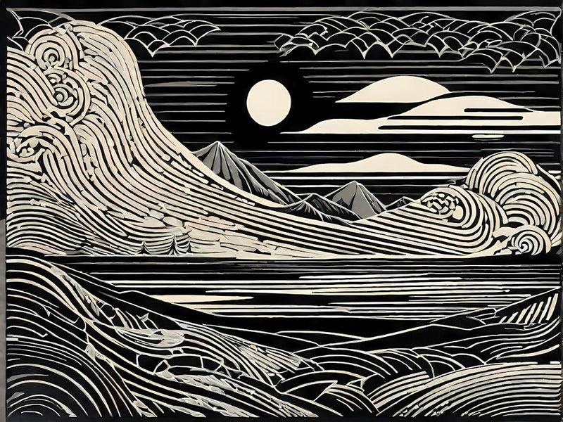 A Linocut Piece Featuring Fragmented And Ghostly Remnants Of Dreamy landscape, 124