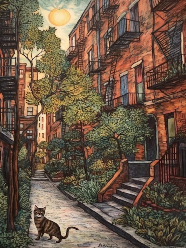 Painting Of New York With A Cat In The Style Of William Morris 4