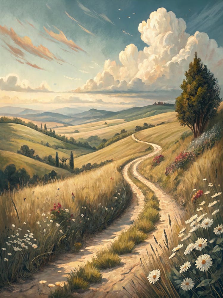 Oil Painting Style Old Path Through Hilltop Field