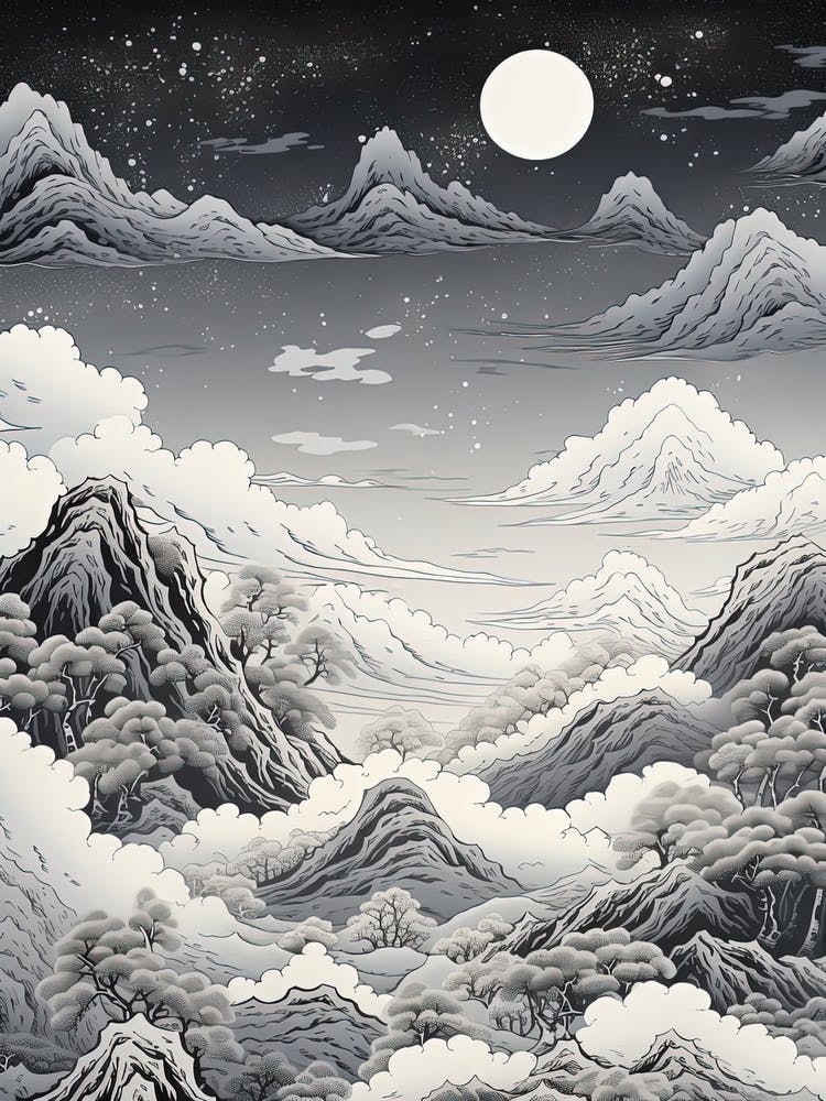 The Japanese Alps In Multiple Prefectures, Ukiyo E Black And White Line Art Drawing 3