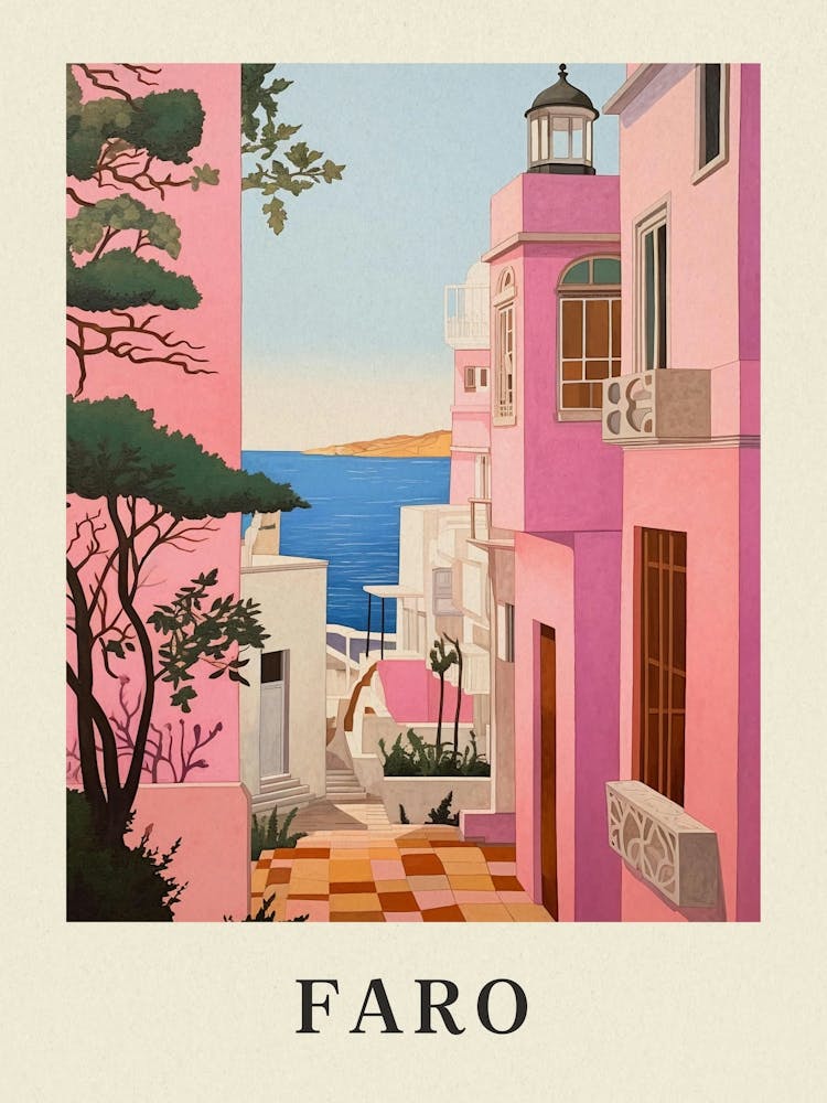 Faro Portugal 2 Vintage Pink Travel Illustration Poster