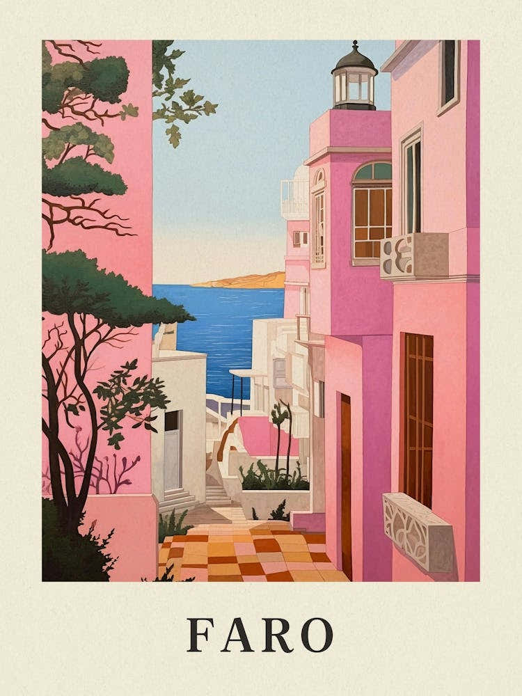 Faro Portugal 2 Vintage Pink Travel Illustration Poster