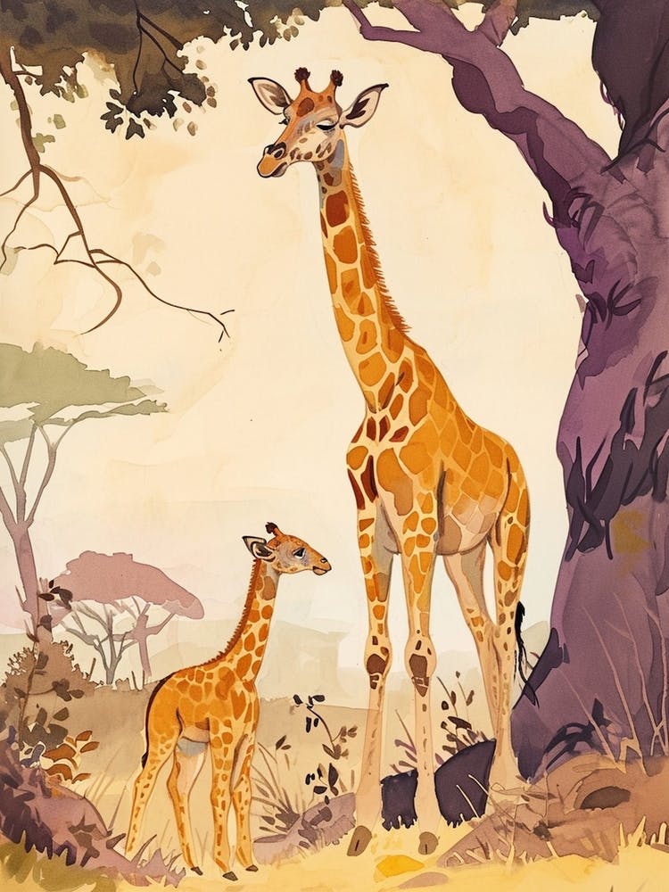 Sweet Giraffe & Calf Illustration 1