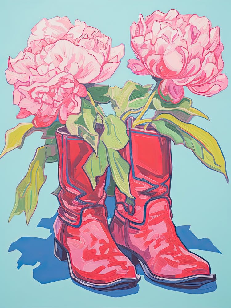 A Painting Of Cowboy Boots With Pink Flowers, Fauvist Style, Still Life 14