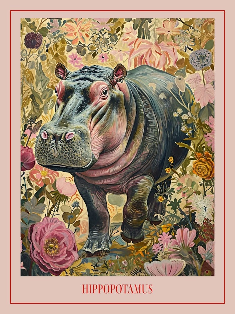 Floral Animal Painting Hippopotamus 1 Poster