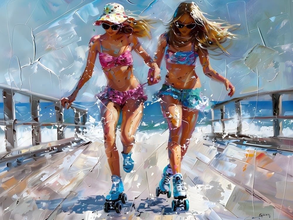 Girls Roller Skating On Boardwalk