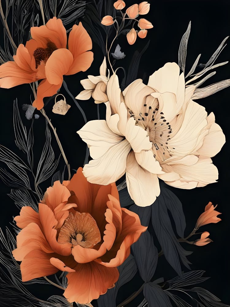 Botanical Elegance Design A Composition Featuring Large Intricately Drawn Flowers With Thin Over 4