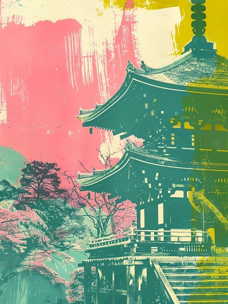 Kiyomizu Dera Temple In Kyoto Duotone Silkscreen 3