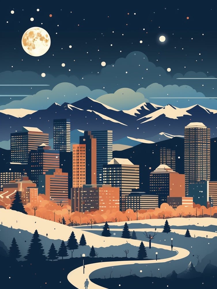 Winter Travel Night Illustration Denver Colorado 1