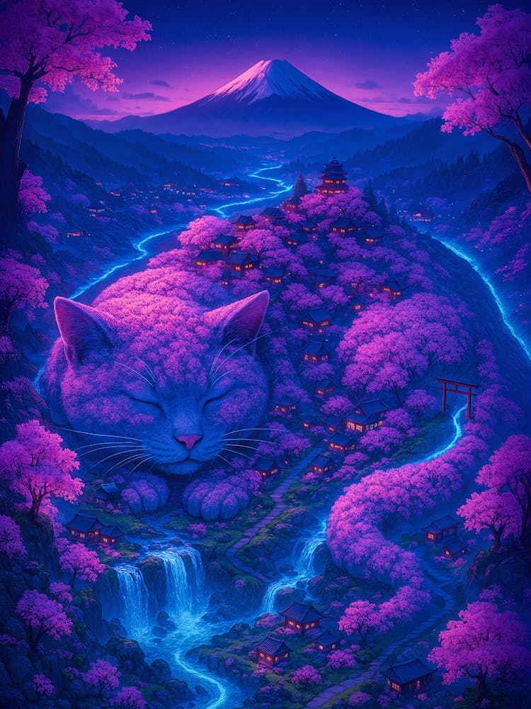 Sleeping Cherry Blossom Cat – Magical Japanese Fantasy Landscape: A giant peaceful cat rests beneath sakura trees in a magical Japanese village. With Mount Fuji, waterfalls, neon colors, and pink cherry blossoms, this surreal fantasy art blends vibrant neon nature, night, and dreamlike beauty – perfect for fans of Japan, cats, and serene landscapes.