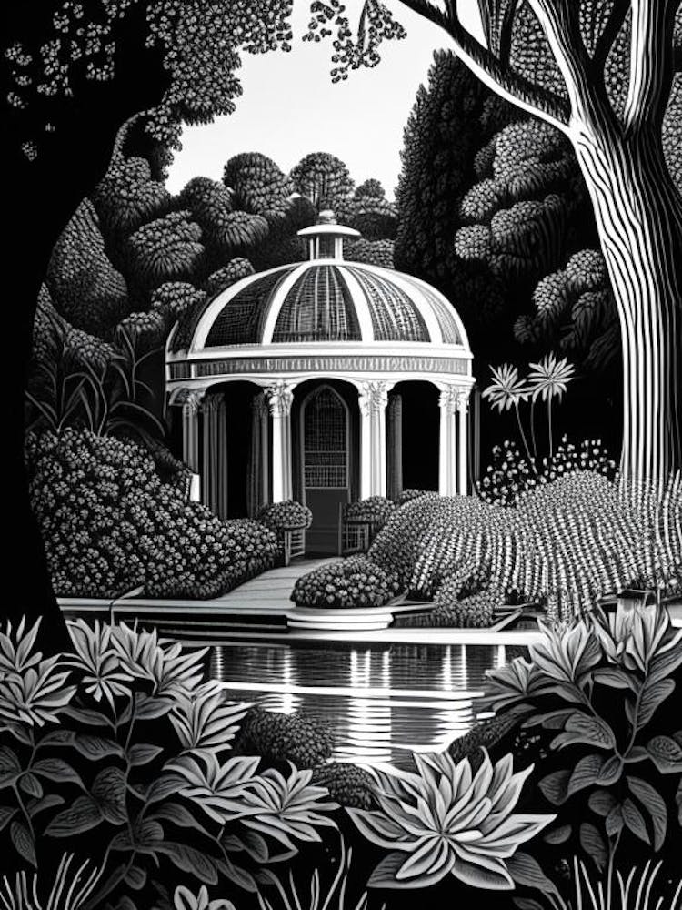 Chiswick House Gardens, United Kingdom Linocut Black And White Vintage
