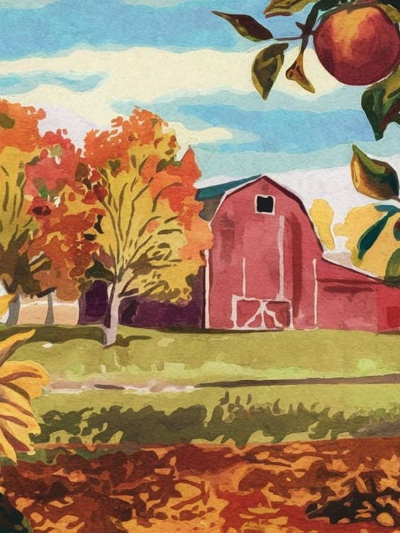 Autumn Harvest Farm - Red Barn, Apple Trees & Sunflowers