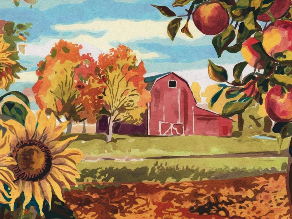 Autumn Harvest Farm - Red Barn, Apple Trees & Sunflowers