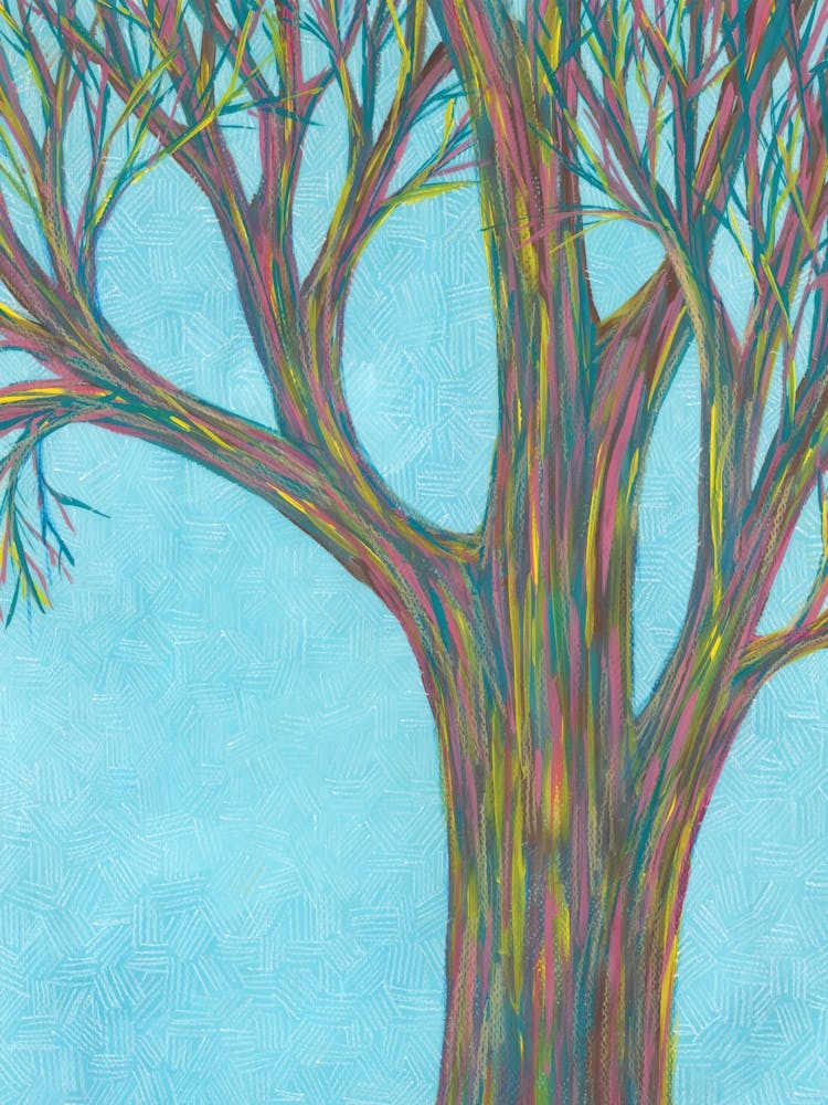 Joyful Colorful Spring Tree On Blue Sky/ Hand Drawn