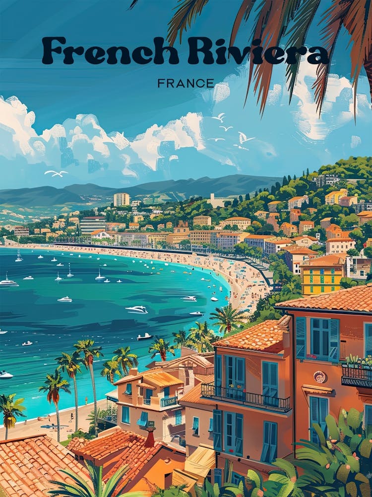French Riviera Coastal Digital Travel Illustration