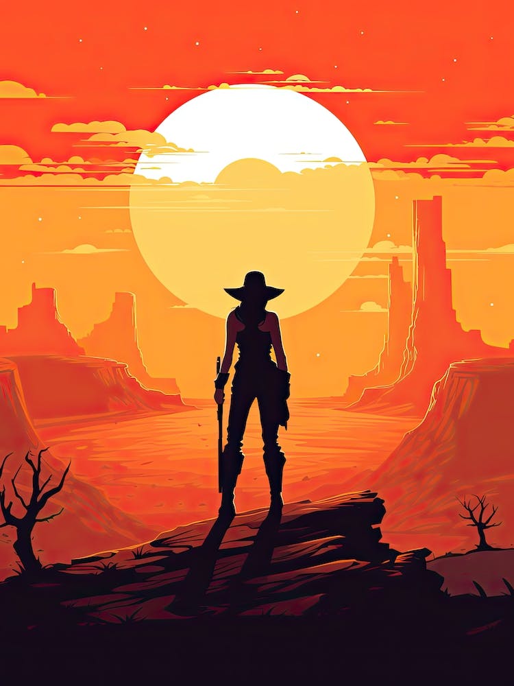 Cowgirl Riding A Horse In The Desert Orange Tones Illustration 9