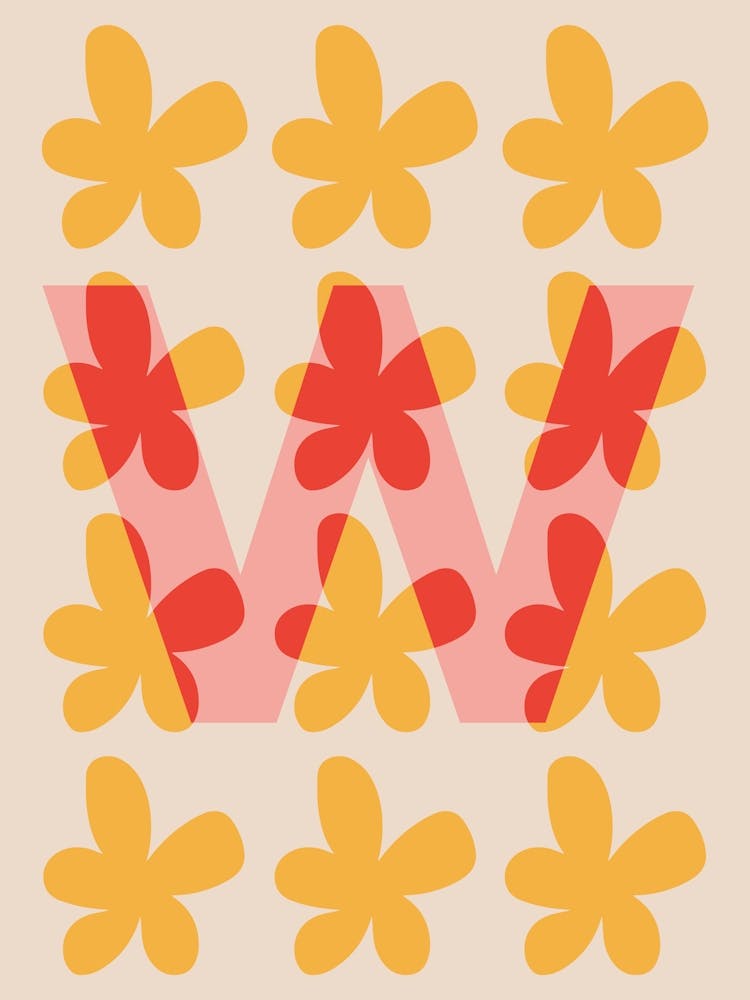 Alphabet Flower Letter W Print - Pink, Yellow, Red