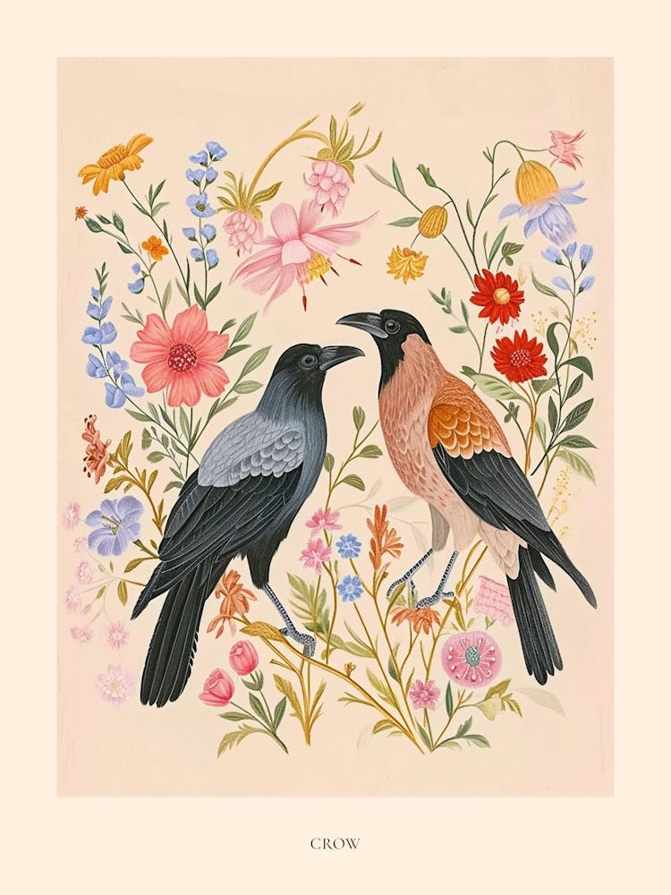 Folksy Floral Animal Drawing Crow Poster