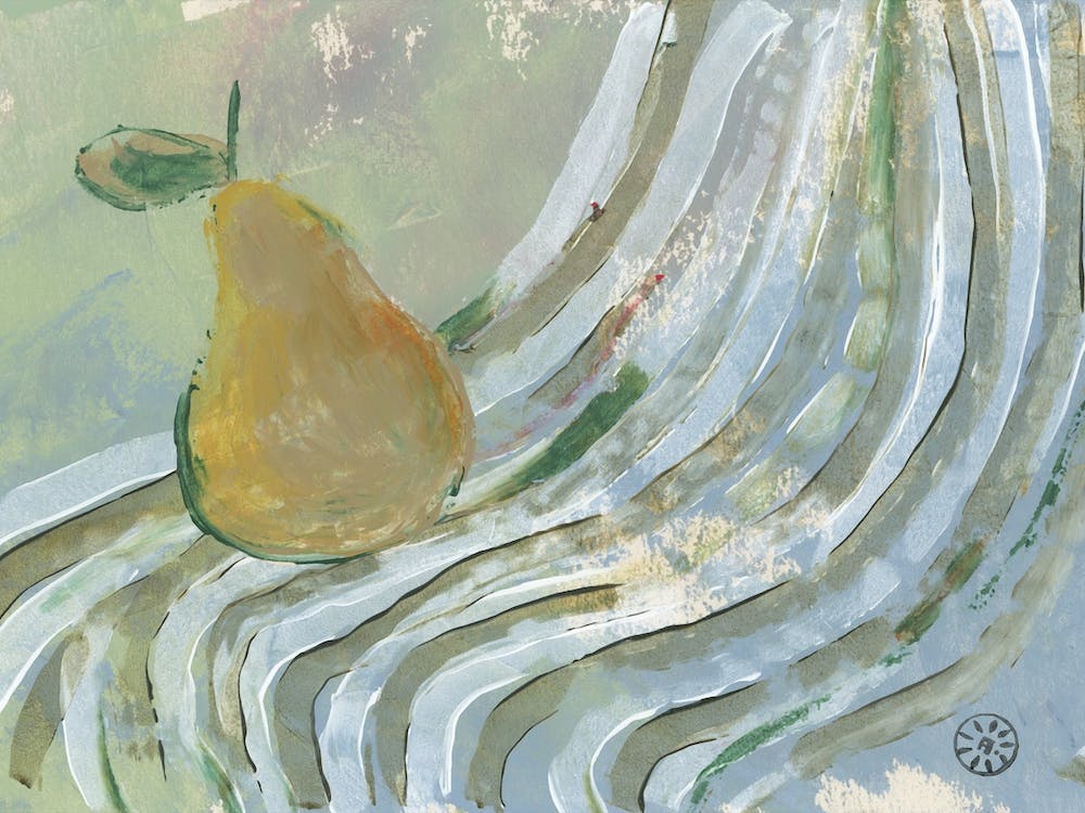 Pear On Towel acrylic painting still life mint green beige kitchen art artwork food fruit stripes stripe