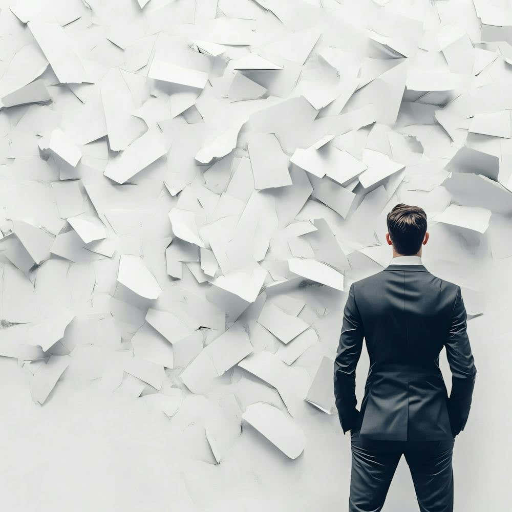 Businessman Standing In Front Of Paper Wall