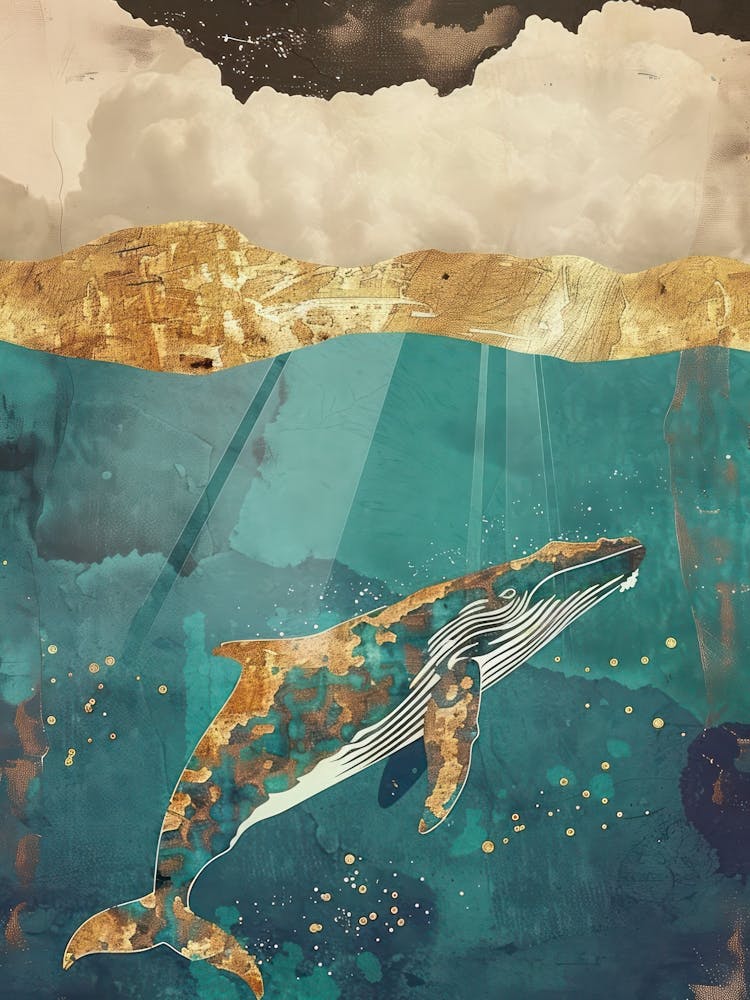 Whale Ocean Painting Gold Blue Effect Collage 3