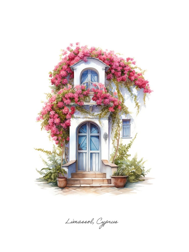 Limassol, Cyprus   Mediterranean Doors Watercolour Painting 4 Poster